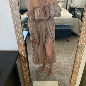 Tan/beige flowy dress. Maternity and nursing friendly